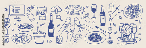 Wine and dining experience, restaurant food menu, glass of champagne toast, celebration dinner, gourmet kitchen elements, social gathering, food and beverage art
