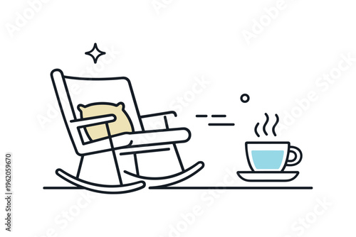 Quiet home relaxation and enjoying gentle personal downtime after completing daily responsibilities, a minimal rocking chair combined with a small steaming cup symbolizing comfort