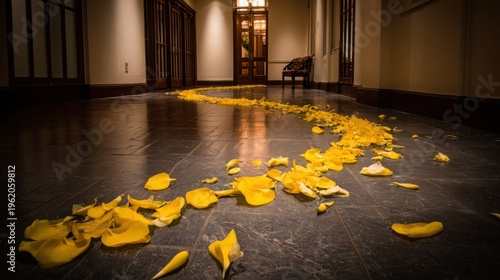 Scattered Yellow Petals Form a Delicate Floral Path on a Dark Polished Floor Indoors