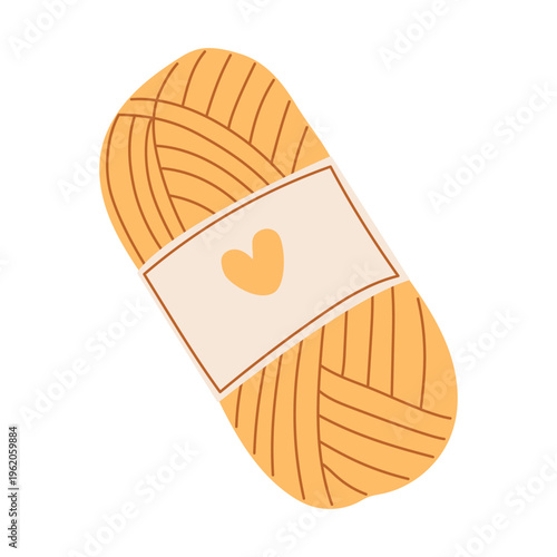 Ball of orange yarn with heart label. Wool skein for knitting and crochet projects.Clipart of needlework creative hobby isolated on background