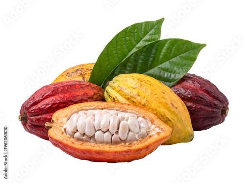 Ripe Cacao Pods with Fresh Cocoa Beans and Green Leaves Isolated on Transparent Background