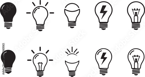 Light bulb icon set representing ideas, innovation, creativity, and electricity concepts