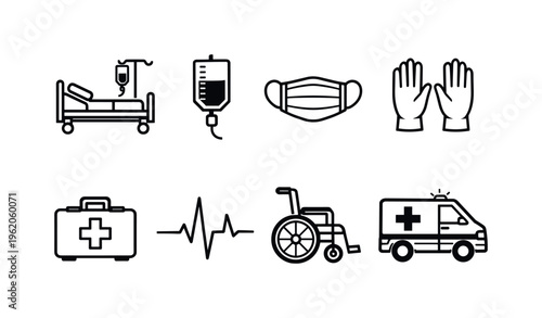 Medical treatment care: hospital bed, IV drip, surgical mask, gloves, first aid kit, ECG heartbeat, wheelchair, ambulance