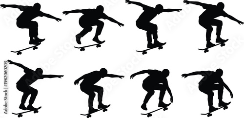 Black silhouette collection of skateboarders performing crouched tricks and balanced jumps on skateboards isolated on white background for urban sports design