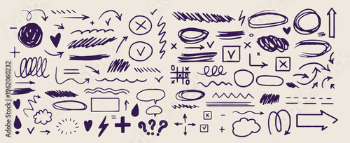 Hand drawn abstract scribbles, creative pencil brush strokes, messy ink mark making, expressive doodle lines, artistic texture elements, graphite sketch symbols, chaotic line art pattern
