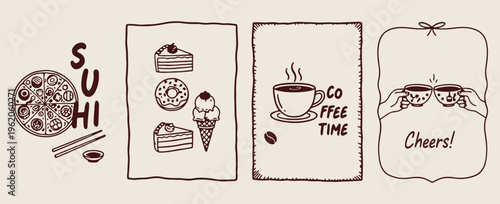 Sweet dessert cafe menu, coffee time tea break, delicious cake and donut, hot espresso cup, breakfast pastry illustration, bakery shop design elements, food and beverage sketch
