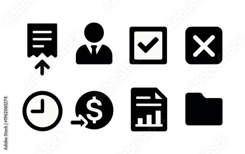 Expense approval workflow: submit receipt, manager review, approval checkmark, rejection cross, pending clock, reimbursement money, report document, archive folder