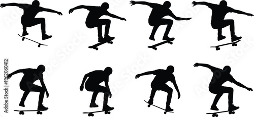Black silhouette collection of skateboarders performing various jumps and tricks on skateboards isolated on white background for urban sports design