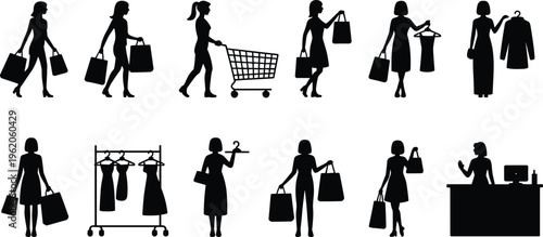 Black silhouette collection of women shopping with bags and cart plus clothing rack and cashier isolated on white background vector