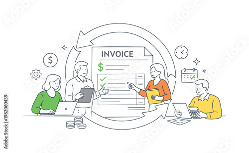 A subscription billing and invoice management scene showing finance teams handling recurring payments and tracking invoices together around a large document sheet and a simple