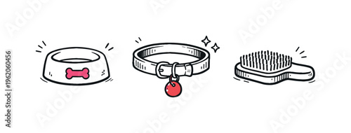 Pet care theme  a horizontal row of 3 related hand-drawn simple animal accessory objects on a white background: a rounded food bowl with a tiny pink bone icon