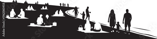 People vector silhouette illustration line art on hill having picnics and walking