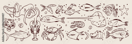 Seafood collection, fresh fish drawing, marine life sketch, ocean food pattern, underwater animals, 