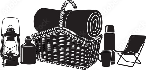 Picnic basket vector silhouette illustration line art with blanket lantern and tea set kit
