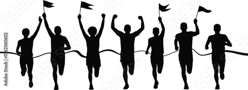 Black silhouette of a group of runners crossing the finish line with flags and raised arms isolated on white background