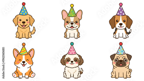 Simple Flat Vector Puppy Set Cute Dog Breeds in Colorful Birthday Hats for Kids Party Invitations and Kawaii Sticker Design