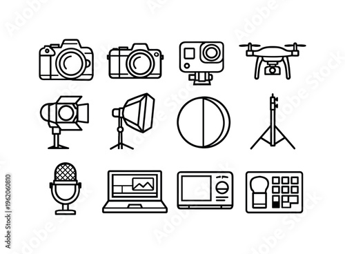 Photography tools set: DSLR camera, mirrorless camera, action camera, drone camera, studio light, softbox, reflector, light stand, backdrop, microphone, editing laptop, color