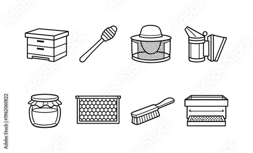 Beekeeping tools and apiary: beehive box, honey dipper, beekeeper hat veil, smoker tool, honey jar, frame comb, bee brush, pollen trap