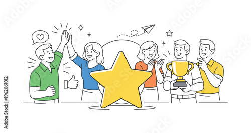 A workplace recognition and appreciation culture scene showing colleagues celebrating achievements and acknowledging contributions together around a large star badge and a simple