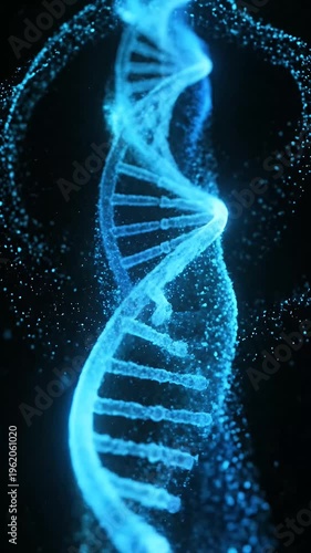 Glowing Blue DNA Strand Animation With Particles In Dark Background