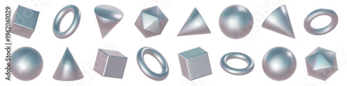 3d metal shape, holographic element and chrome geometric figures. Cube prism, triangle silver cone pyramid. Y2k hexagon circle sphere for math object or aluminum sticker. Steel tube dynamic gradient