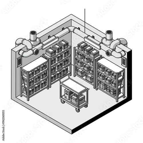 Isometric View of a Storage Room with Shelves and Cart.