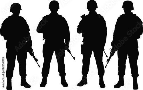 Black silhouettes of four soldiers standing with assault rifles and tactical gear isolated on white background for military army design