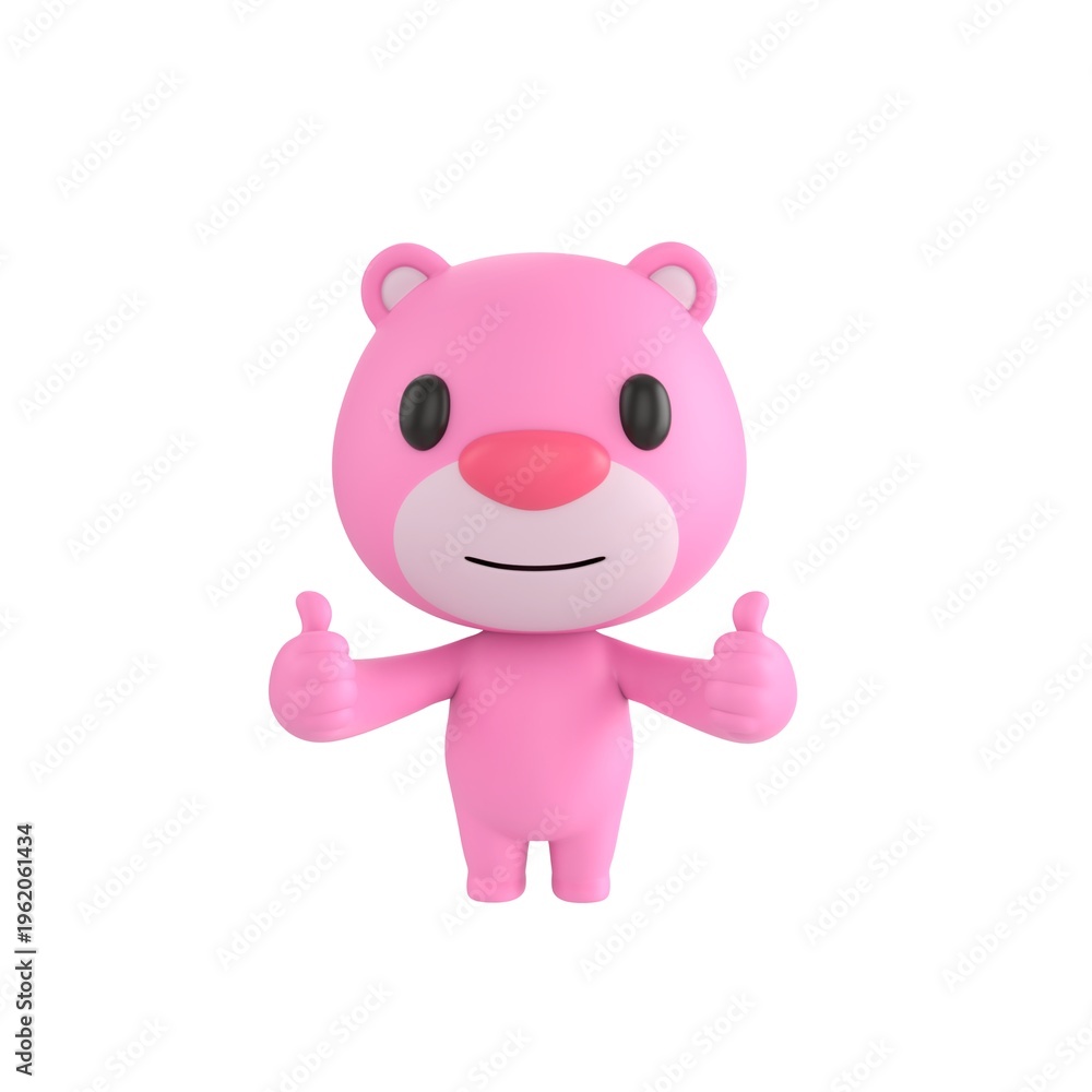 Fototapeta premium Cute 3D render Pink Bear character giving double thumbs up, cheerful and positive mascot style, isolated on white background for approval, success, and digital design.
