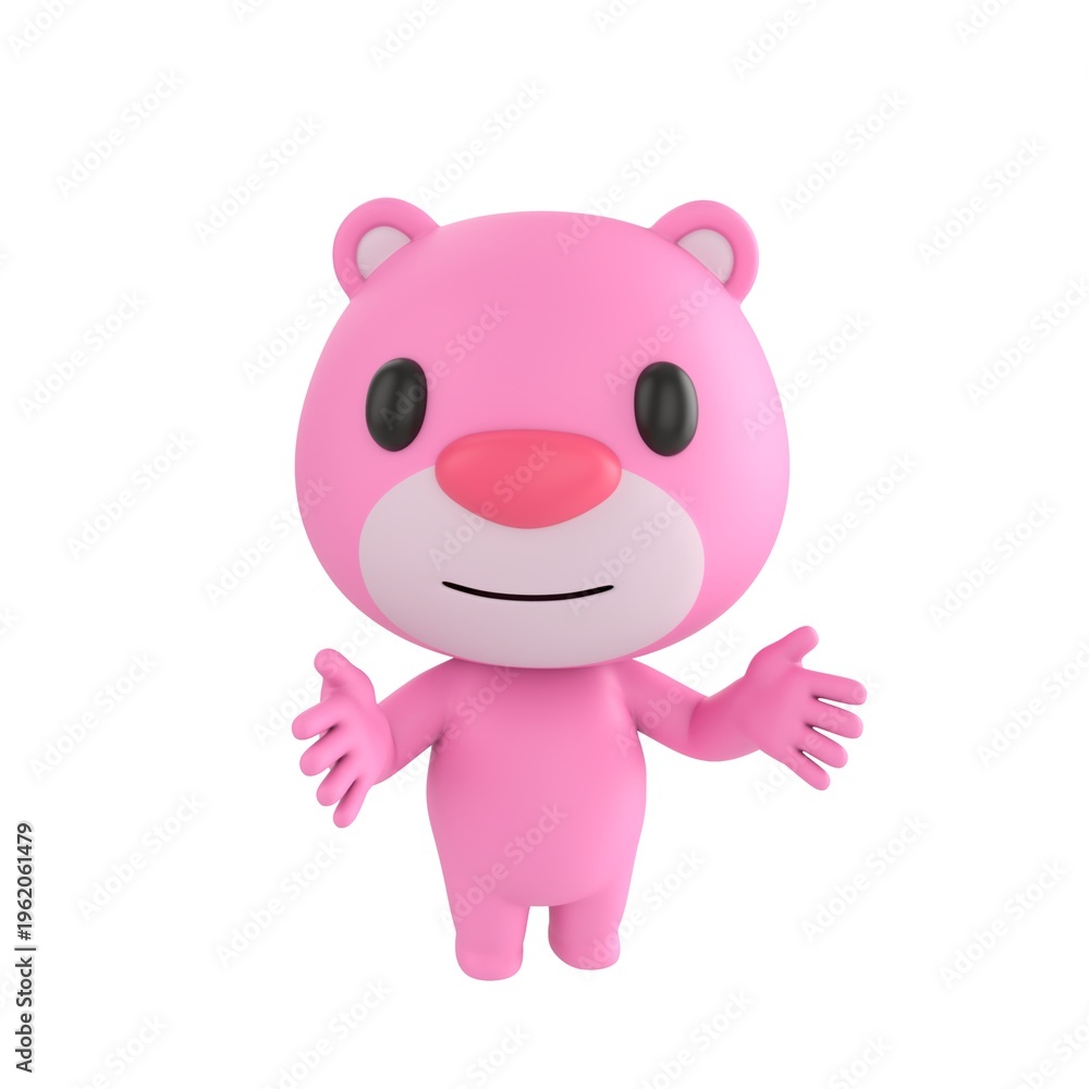 Obraz premium Cute 3D render Pink Bear character speaking with both hands open toward the camera, friendly and engaging mascot style, isolated on white background.
