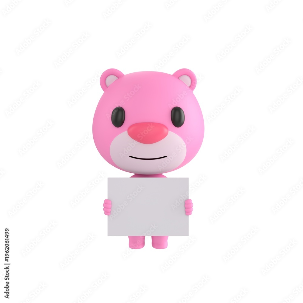 Obraz premium Cute 3D render Pink Bear character holding a blank white sign with both hands, friendly and neutral mascot style, isolated on white background.