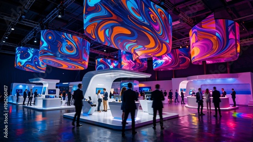 Futuristic exhibition hall with massive LED screens colorful digital visuals modern tech trade show event