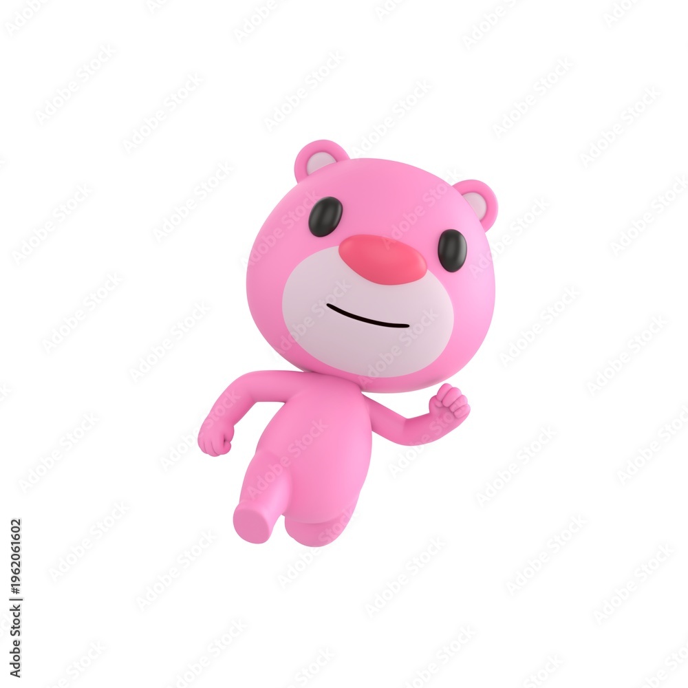Fototapeta premium Cute 3D render Pink Bear character running toward the camera with energetic motion, playful and lively mascot style, dynamic action pose, isolated on white background.