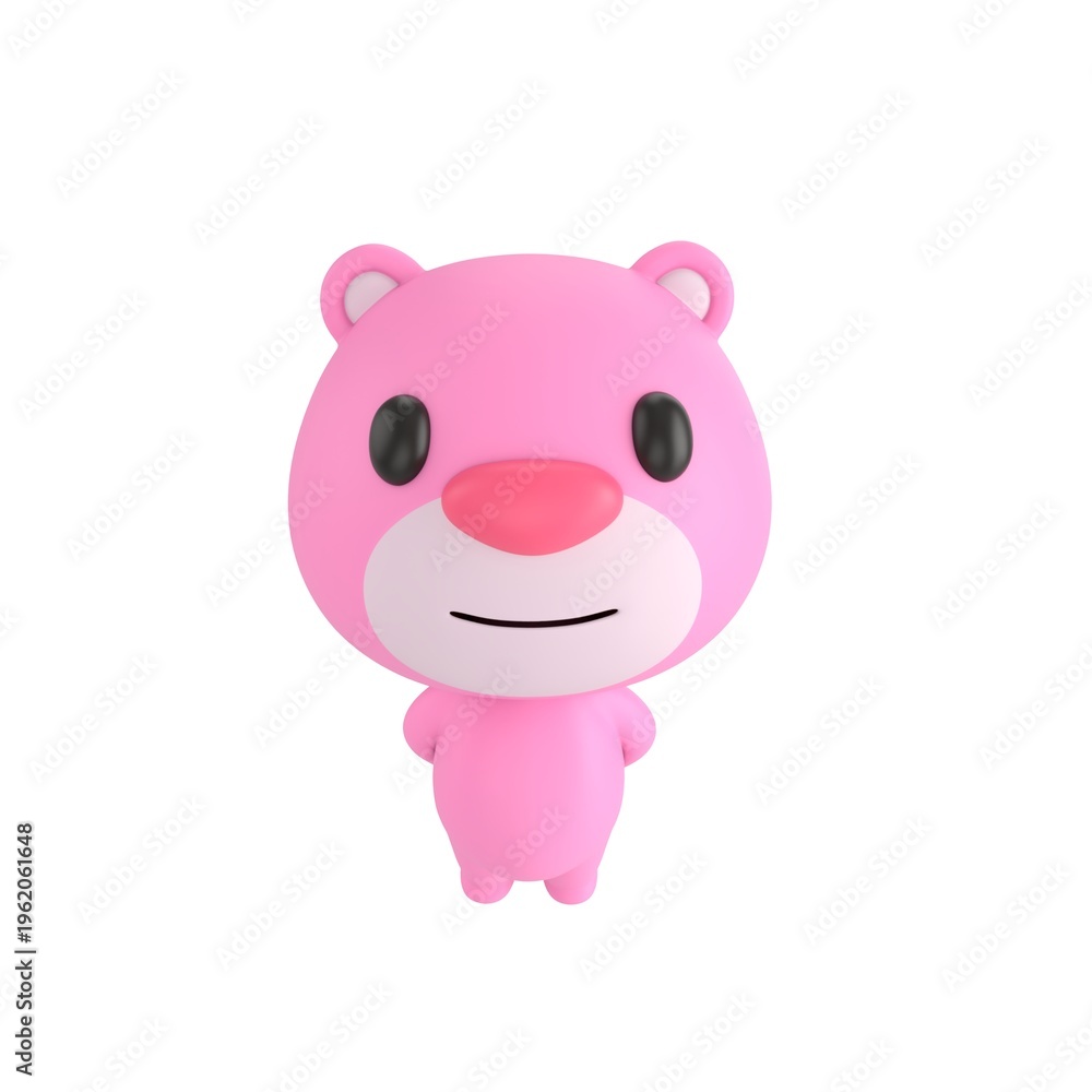 Fototapeta premium Cute 3D render Pink Bear character standing with hands behind the back, looking up at the camera with a calm and polite pose, isolated on white background.