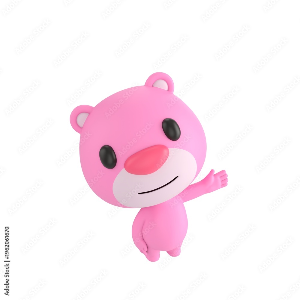 Fototapeta premium Cute 3D render Pink Bear character looking up at the camera while gesturing to the side with one hand, friendly and welcoming pose, isolated on white background.