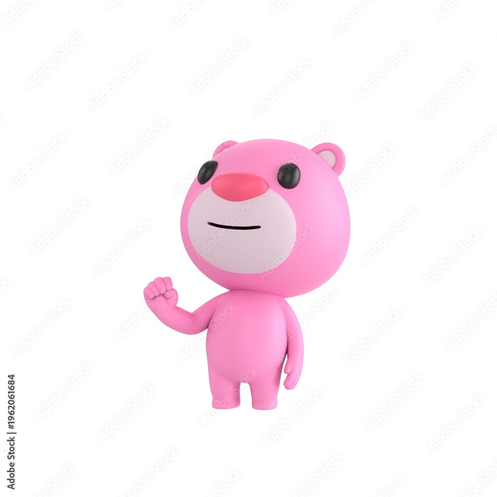 Fototapeta premium Cute 3D render Pink Bear character raising one fist with confidence, head held high and looking upward, strong and determined pose, isolated on white background.