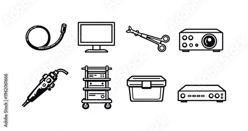 Endoscopy medical equipment: endoscope tube, monitor screen, biopsy forceps, light source unit, control handle, medical cart, sterile container, video processor unit