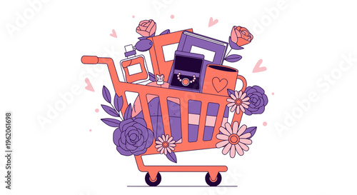 Vibrant orange shopping cart filled with various items and flowers on white background