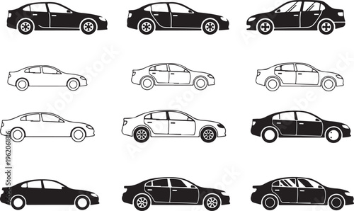Set of black and white sedan car icons, side view, top view, front view, vector illustration