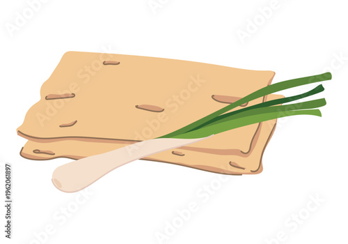 Jewish matzah bread. Vector illustration of unleavened lavash and green onions. Flat style. Two slices of homemade bread and greens lie on the table.