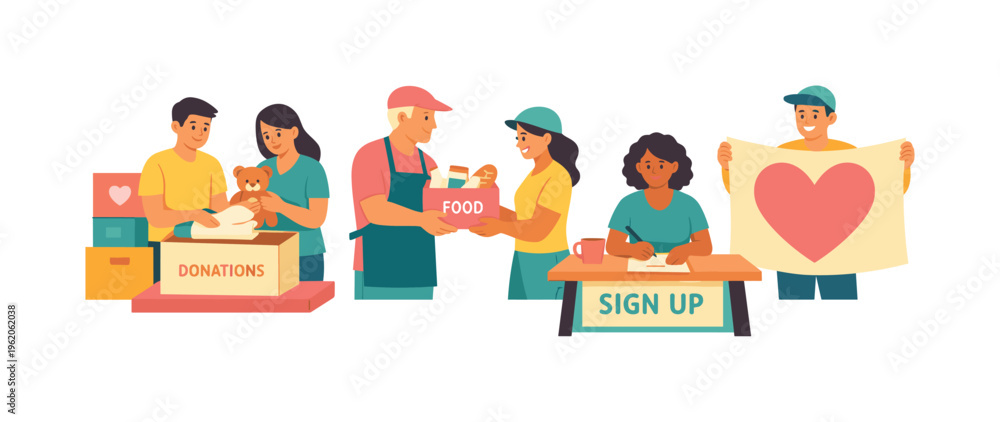 Fototapeta premium Wide horizontal editorial illustration of five characters representing a nonprofit volunteer event: two sorting donated boxes, one handing out food parcels, one