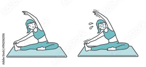 ストレッチの対比イラストセット（体が柔らかい女性と体が硬い女性）