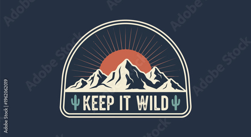 Vibrant Emblem with Mountain Landscape against a Dark Blue Background, ideal for travel brochures, outdoor apparel branding, and adventure marketing materials.