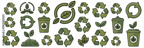 Green recycling loop and compost bin icons – Great for waste management initiatives, nature conservation, or organic product labeling.