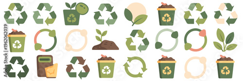Eco-friendly waste sorting and recycling icons – Suitable for renewable energy graphics, compost guides, or corporate social responsibility.