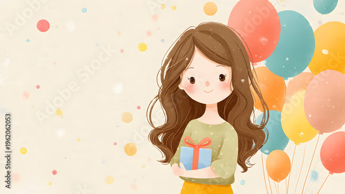 Cute Watercolor Illustration of a Young Girl Holding a Gift with Colorful Balloons for Birthday Celebration