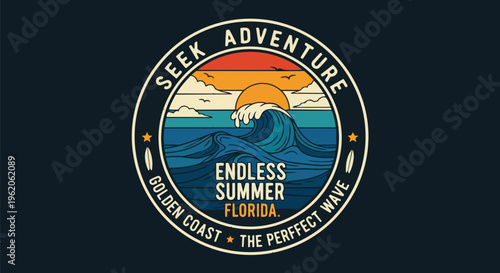 Vibrant Emblem with Ocean Wave against Gradient Background concept for travel blog design, summer event marketing, and adventure tourism promotions.