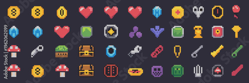 Retro arcade game sprite sheet on dark background – Perfect for indie game assets, pixel art stickers, or 1980s gaming themes.