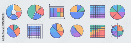 Minimalist radial chart and heat map icon sheet – Suitable for business intelligence software, marketing data, or web design.
