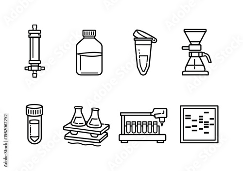 Protein purification workflow: chromatography column, buffer solution bottle, centrifuge tube, filtration unit, protein sample vial, lab shaker, fraction collector, analysis gel