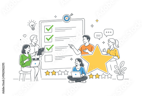 A performance review and employee feedback scene showing a manager and team members discussing progress and goals together around a large checklist and a simple star rating symbol